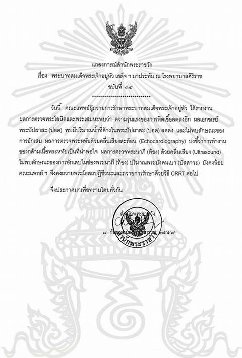 แถลงการณ์สำนักพระราชวัง ฉบับที่ 34 ในหลวงติดเชื้อลดลง-น้ำในปอดลด