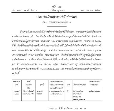 ราชกิจจาฯ ออกประกาศพิทักษ์ทรัพย์เด็ดขาด ชาลอต โทณวณิก 