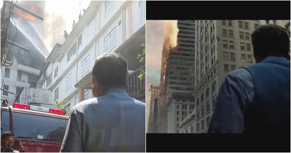  ภาพเบื้องหลัง ผู้ว่าฯ กทม. ดูตึกไฟไหม้ แอ็คท่าเหมือนแบทแมน