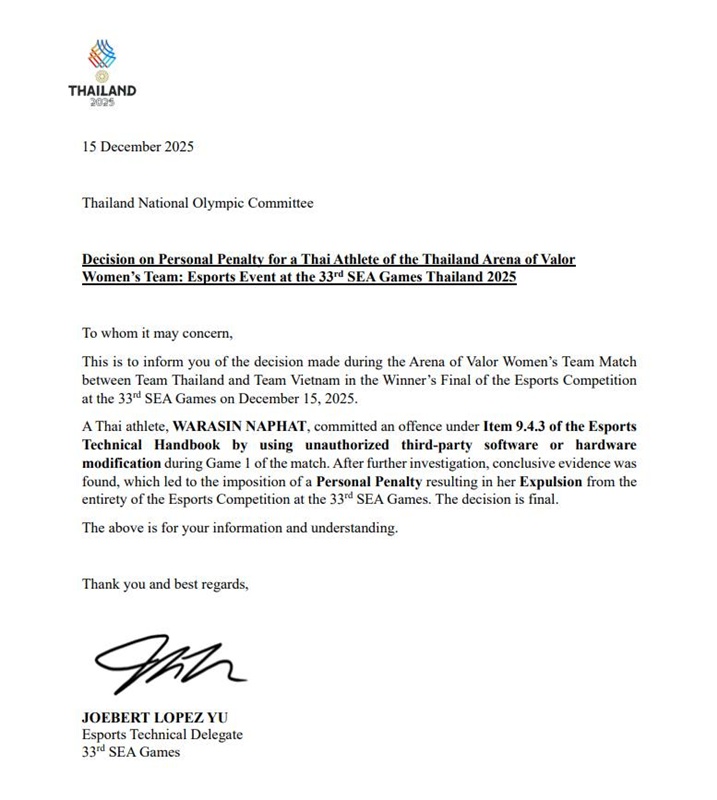 Tokyogurl นักแข่ง RoV หญิงทีมชาติไทย ถูกขับพ้นการแข่งขันซีเกมส์ ครั้งที่ 33 