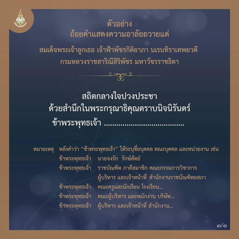 ถ้อยคำแสดงความอาลัยถวายแด่ เจ้าฟ้าพัชรกิติยาภาฯ 