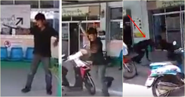 ตำรวจชาร์จตัวหนุ่มคลั่งถือดาบไล่ฟัน