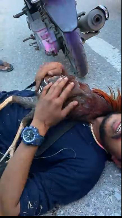 หนุ่มแทบขาดใจ กอดไก่นอนเกือกกลิ้งริมถนน 