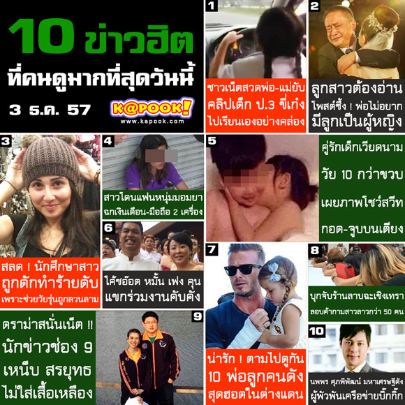 10 ข่าวฮิต ที่คนดูมากที่สุด ประจำวันที่ 3 ธ.ค. 57