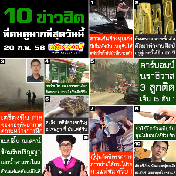 10 ข่าวฮิต ประจำเว็บไซต์ kapook.com วันที่ 20 กุมภาพันธ์ 2558