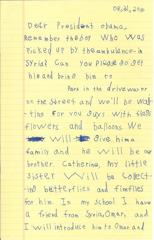 หนูน้อย 6 ขวบ เขียนจดหมายถึงโอบามา วอนขอพาเด็กซีเรียมาอยู่ด้วยกัน