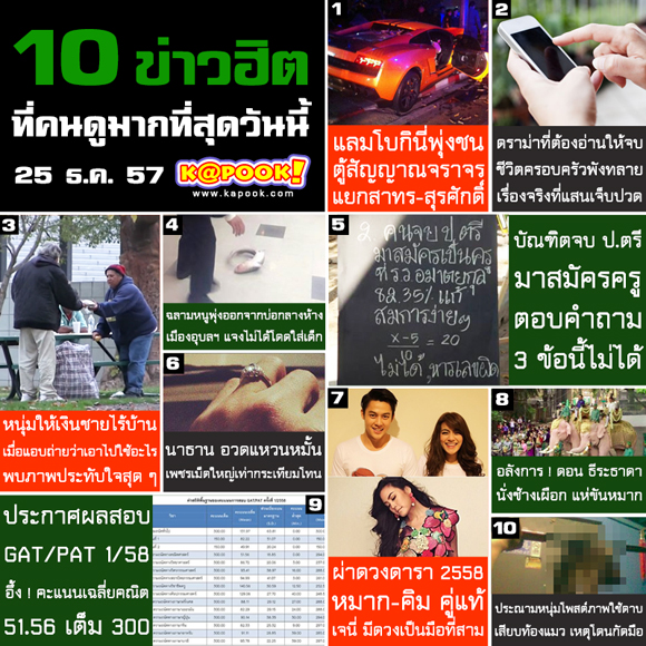 10 ข่าวฮิต ที่คนดูมากที่สุด ประจำวันที่ 25 ธ.ค. 57