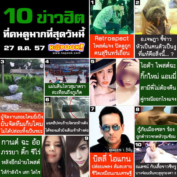 10 ข่าวฮิต ที่คนดูมากที่สุด ประจำวันที่ 27 ต.ค. 57